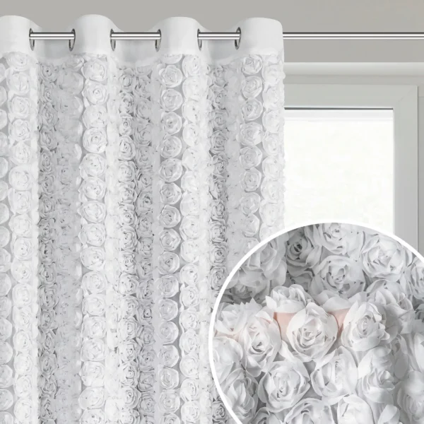 Zasłona biała z szyfonu zdobiona różami 3D 140x250 cm przelotka - ROSES Eva Minge